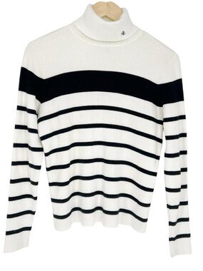 Ralph Lauren Cream and Black Striped Branded Rib-Knit Turtleneck Sweater